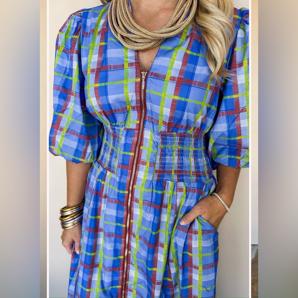 Fate Blue Checkered Plaid Midi Zip Dress NWOT